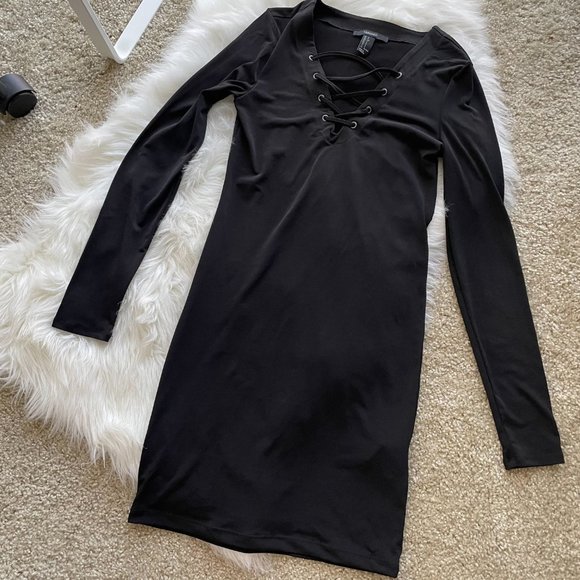 Black Bodycon Dress with Front Lace Up Size Small - Picture 2 of 8